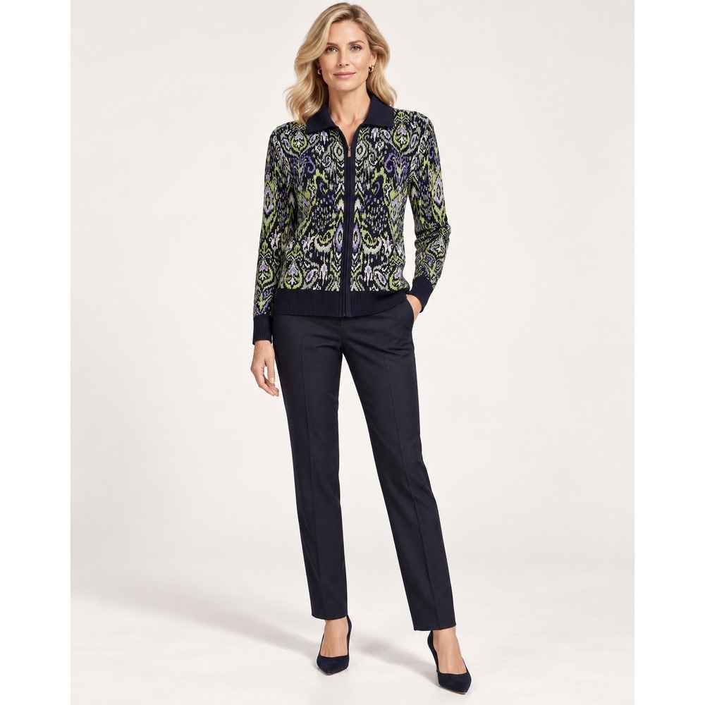 St. John Wool Blend Ikat Jacquard Zip Front Cardigan Sweater Navy Green Purple M